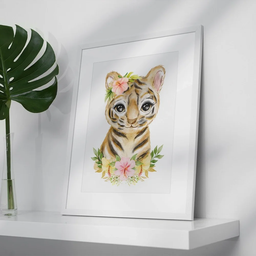 Cute Watercolor Floral Tiger Wall Art Print Poster Unframed - Picture 4 of 9